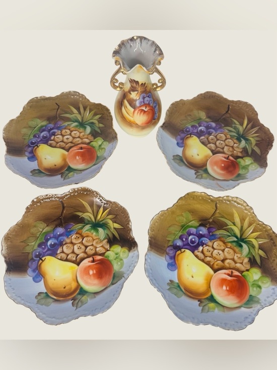 Lefton China Other - Vintage Lefton China Hand Painted Fruit Plates Set + Vase Japan Gold Trim E2350